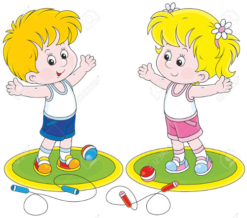 41596663 Girl and boy doing morning exercises Stock Photo